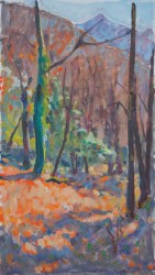 “Bright Sun in Forest”, oil on linen, 40x80cm Price 1200 E